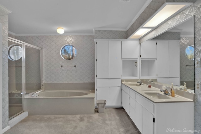 bathroom featuring ornamental molding, independent shower and bath, and vanity