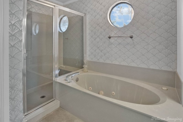 bathroom with shower with separate bathtub and crown molding