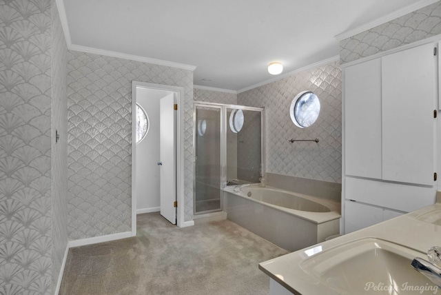 bathroom featuring vanity, ornamental molding, and independent shower and bath