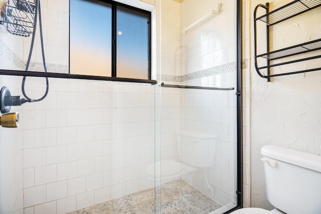 bathroom featuring a healthy amount of sunlight, an enclosed shower, and toilet