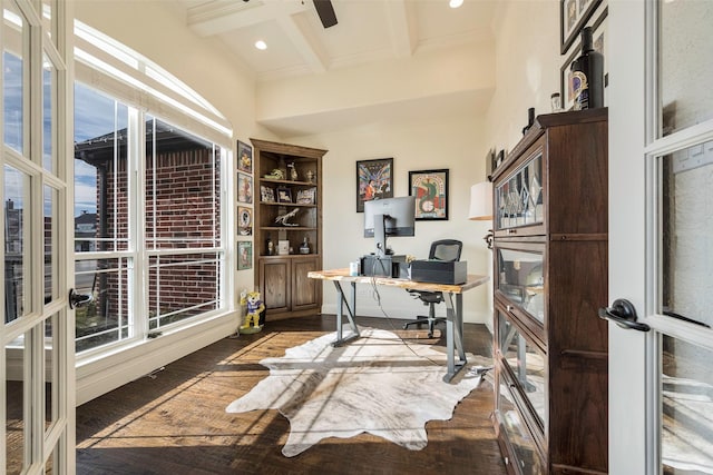 office space with french doors, coffered ceiling, dark wood-type flooring, beam ceiling, and built in features