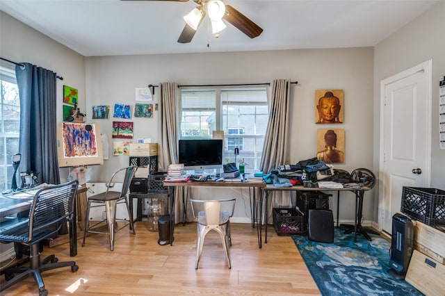 office area featuring hardwood / wood-style flooring and ceiling fan