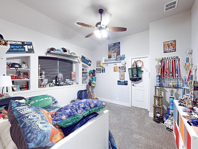 bedroom featuring lofted ceiling, carpet floors, and ceiling fan