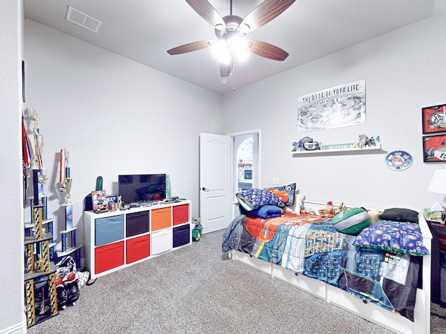 bedroom featuring carpet flooring and ceiling fan