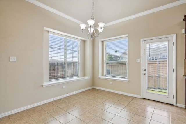 unfurnished dining area featuring a notable chandelier, light tile patterned floors, and crown molding