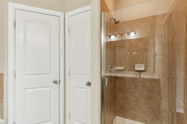 bathroom featuring a shower with shower door