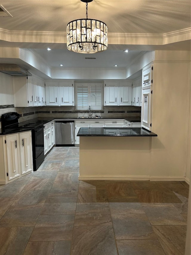 kitchen with stainless steel dishwasher, pendant lighting, a notable chandelier, white cabinetry, and black / electric stove