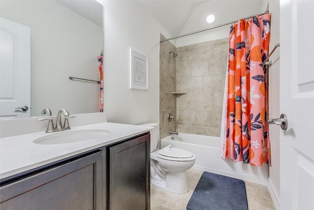 full bathroom featuring vanity, tile patterned floors, vaulted ceiling, toilet, and shower / bath combo with shower curtain