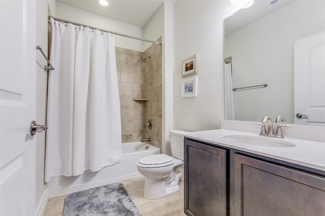 full bathroom with toilet, vanity, tile patterned floors, and shower / bathtub combination with curtain