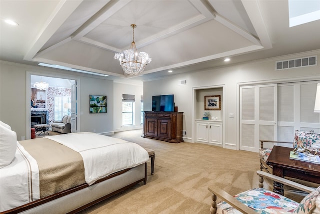 bedroom featuring light colored carpet, crown molding, and an inviting chandelier