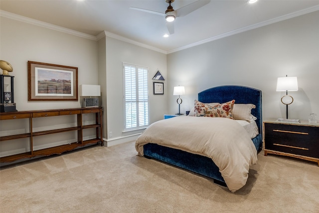 bedroom with light carpet, ceiling fan, and ornamental molding