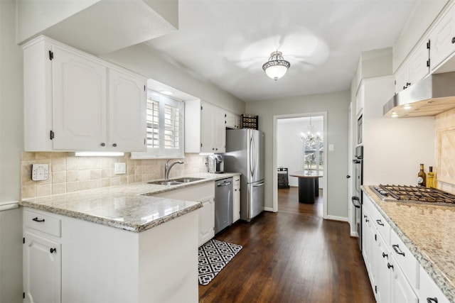 kitchen featuring sink, light stone countertops, appliances with stainless steel finishes, white cabinets, and dark hardwood / wood-style flooring