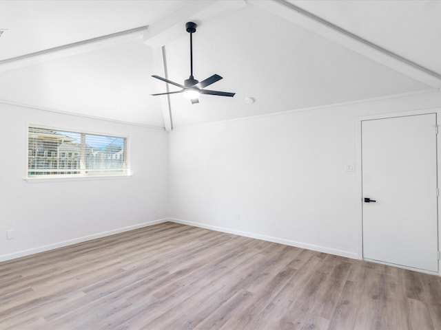 unfurnished room with ceiling fan, lofted ceiling with beams, and light wood-type flooring