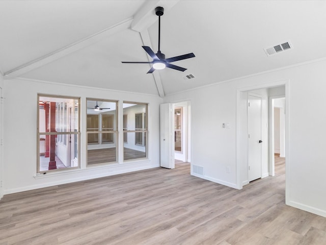 unfurnished room featuring vaulted ceiling with beams, light hardwood / wood-style flooring, and ceiling fan