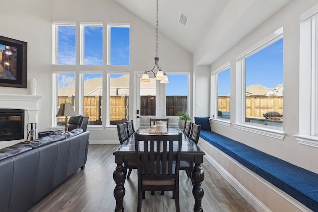 dining room with lofted ceiling, plenty of natural light, and dark hardwood / wood-style floors