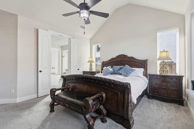 bedroom featuring ceiling fan, light carpet, and lofted ceiling