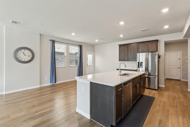 kitchen with appliances with stainless steel finishes, light wood-type flooring, dark brown cabinetry, sink, and an island with sink