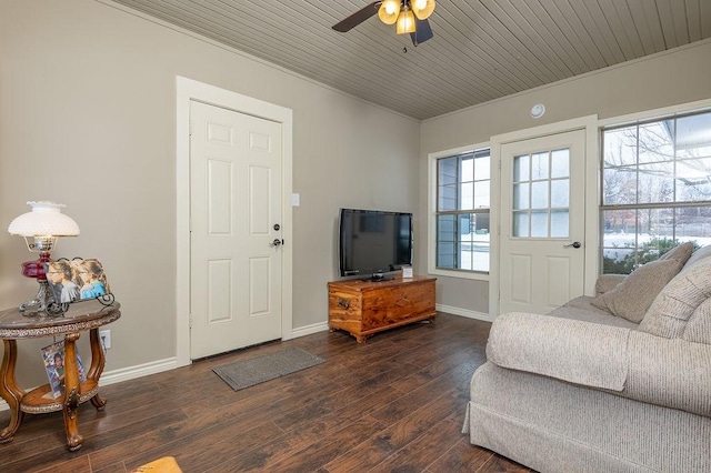 living room featuring ceiling fan, wood ceiling, dark hardwood / wood-style floors, and ornamental molding