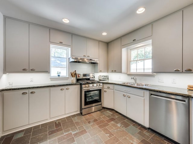 kitchen with dark stone counters, a wealth of natural light, sink, and stainless steel appliances