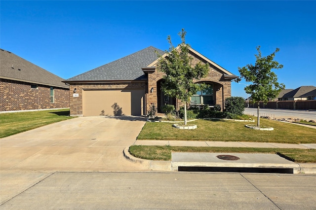 view of front facade with a front yard and a garage