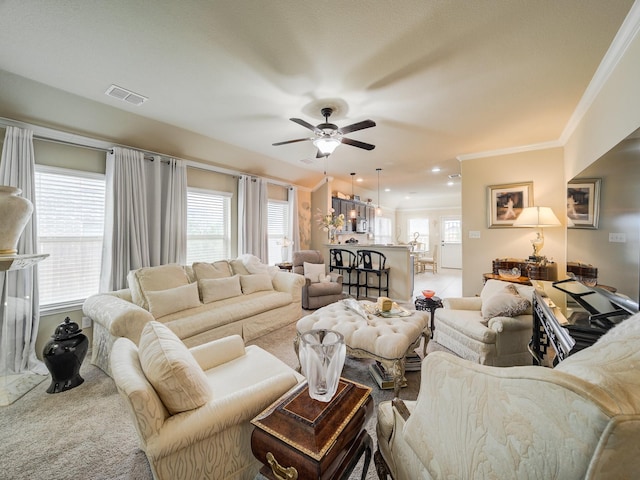 living room with ceiling fan, a healthy amount of sunlight, and crown molding