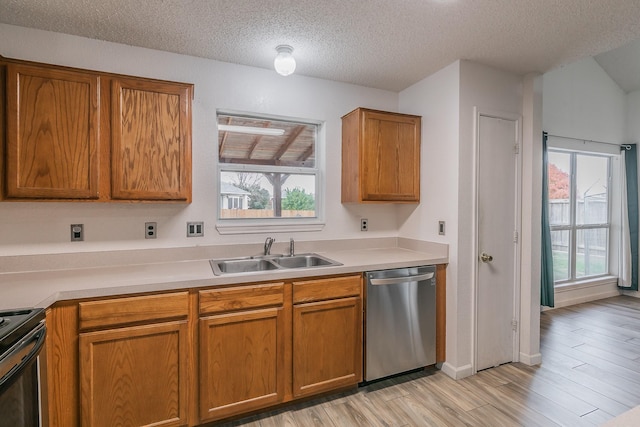 kitchen with dishwasher, sink, a healthy amount of sunlight, light hardwood / wood-style flooring, and a textured ceiling