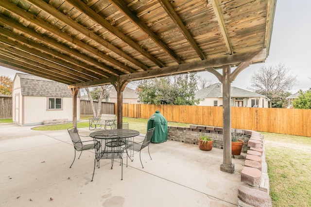 view of patio / terrace with a shed