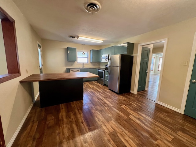 kitchen featuring dark wood-type flooring, wooden counters, sink, kitchen peninsula, and stainless steel appliances