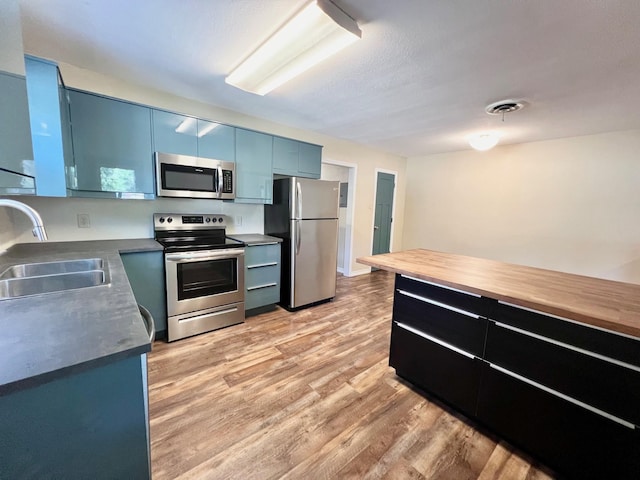 kitchen featuring wood counters, blue cabinets, sink, light wood-type flooring, and appliances with stainless steel finishes