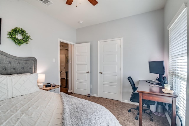 carpeted bedroom featuring ceiling fan