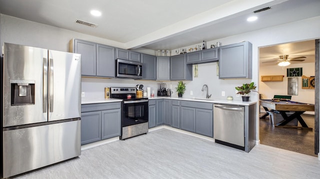 kitchen featuring gray cabinetry, ceiling fan, sink, and appliances with stainless steel finishes