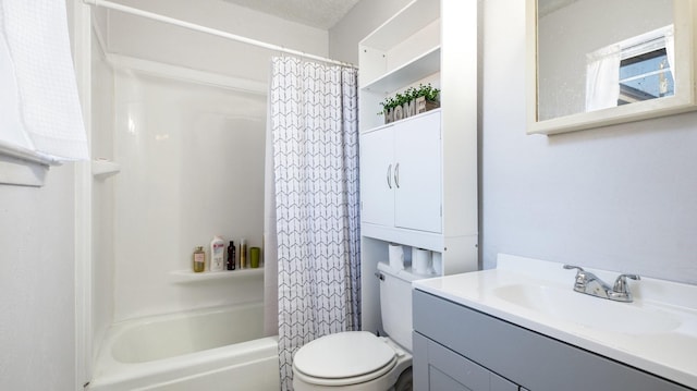 full bathroom featuring vanity, toilet, and shower / bathtub combination with curtain