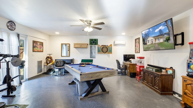 recreation room with ceiling fan, a wall mounted AC, pool table, and concrete floors