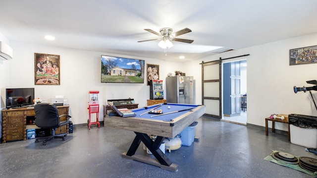 game room featuring an AC wall unit, a barn door, ceiling fan, and pool table