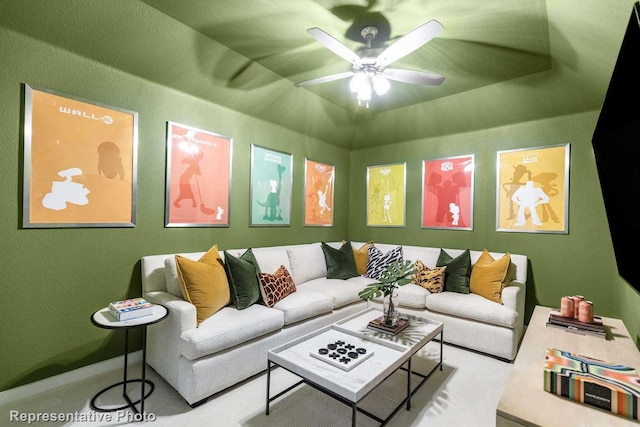 living room with carpet and ceiling fan