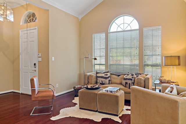 living room featuring dark hardwood / wood-style floors, ornamental molding, high vaulted ceiling, and a chandelier