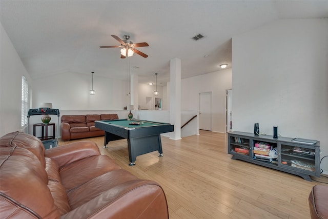 game room featuring light hardwood / wood-style flooring, billiards, ceiling fan, and vaulted ceiling