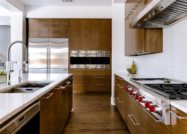 kitchen featuring sink, wall chimney exhaust hood, dark wood-type flooring, and appliances with stainless steel finishes