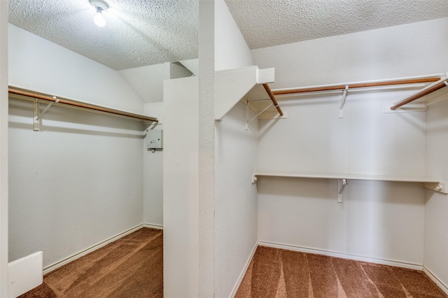 walk in closet featuring carpet flooring and vaulted ceiling