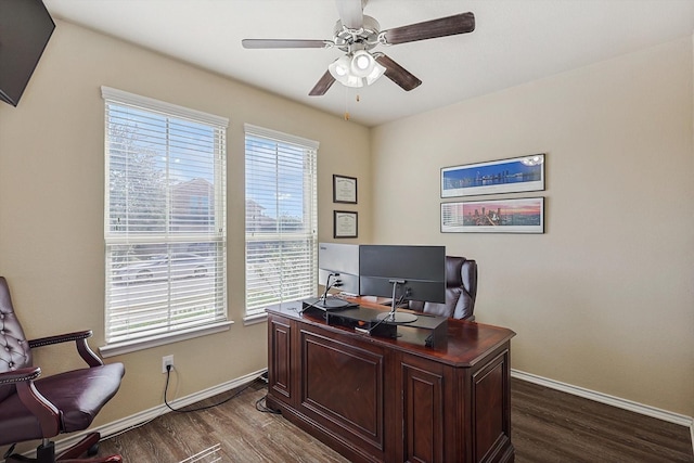 office space featuring ceiling fan and dark wood-type flooring