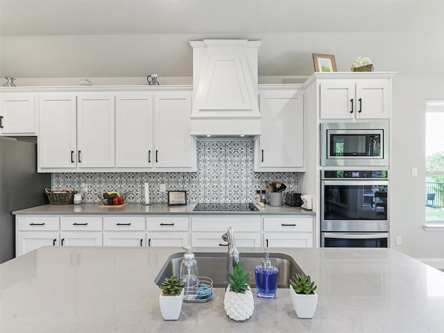 kitchen featuring custom exhaust hood, a healthy amount of sunlight, white cabinetry, and stainless steel appliances