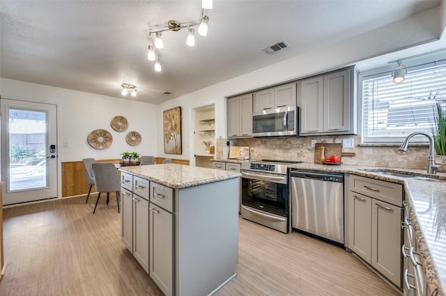 kitchen featuring a center island, backsplash, sink, light hardwood / wood-style flooring, and appliances with stainless steel finishes