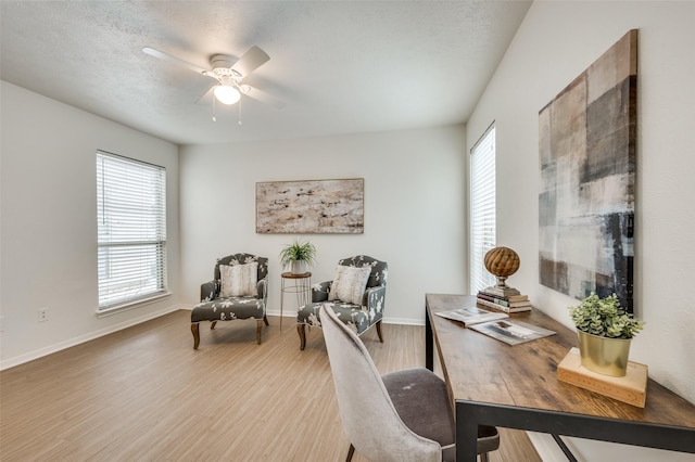 office space with ceiling fan, plenty of natural light, light hardwood / wood-style floors, and a textured ceiling