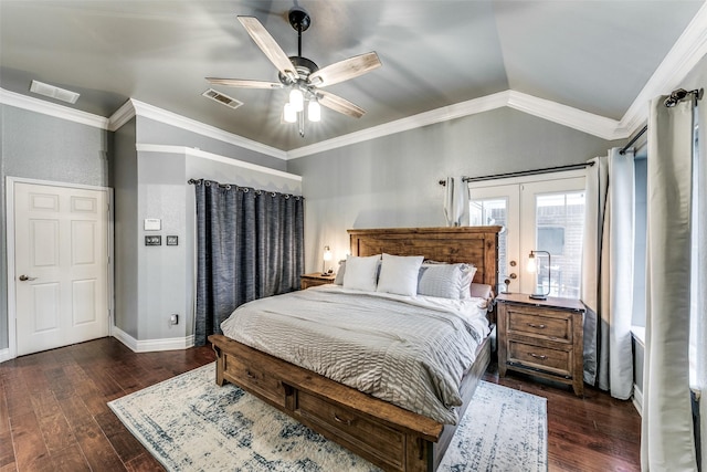 bedroom with ceiling fan, crown molding, and dark hardwood / wood-style floors