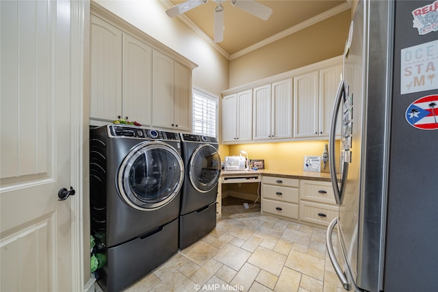 laundry room with cabinets, washer and clothes dryer, ornamental molding, and ceiling fan