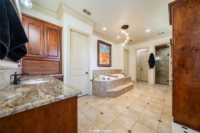 bathroom featuring tile patterned flooring, vanity, ornamental molding, and plus walk in shower