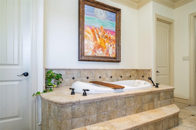 bathroom featuring a relaxing tiled tub and ornamental molding