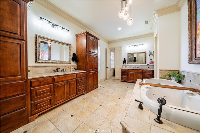 bathroom with tile patterned flooring, vanity, a bath, and ornamental molding