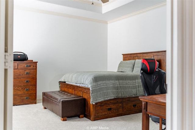 carpeted bedroom featuring ornamental molding