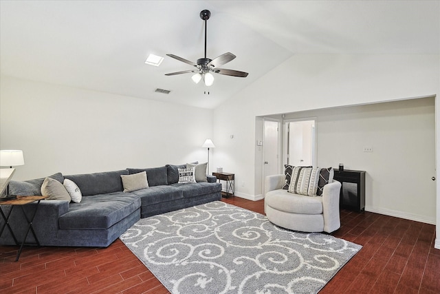 living room featuring ceiling fan, dark hardwood / wood-style flooring, and lofted ceiling